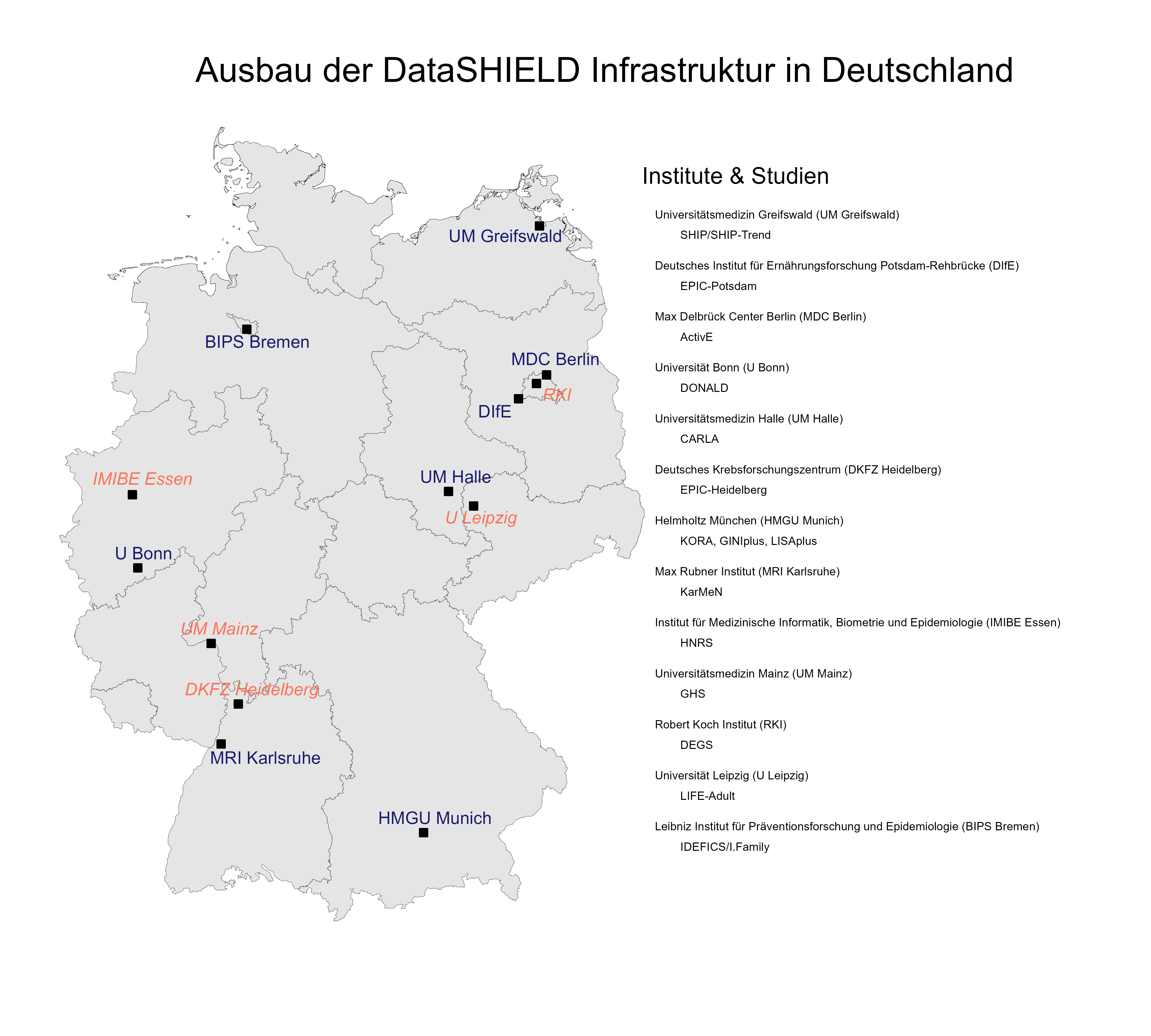 Figure 1: NFDI4Health-unterstützter Ausbau der DataSHIELD Infrastruktur (Installationen und Updates) in datenbesitzenden Institutionen in Deutschland (blau: vollständig abgeschlossen, orange: in Arbeit; Stand: 15.09.2023) Image